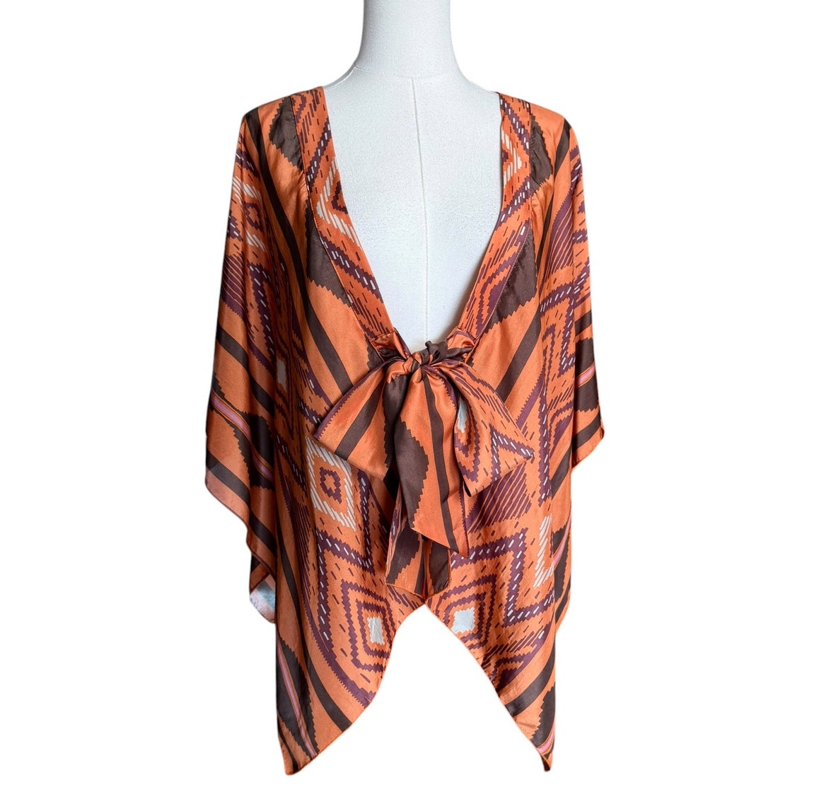 Alexis 100% Silk Tie Front Kimono Blouse Top Aztec Print Made In Usa Xs